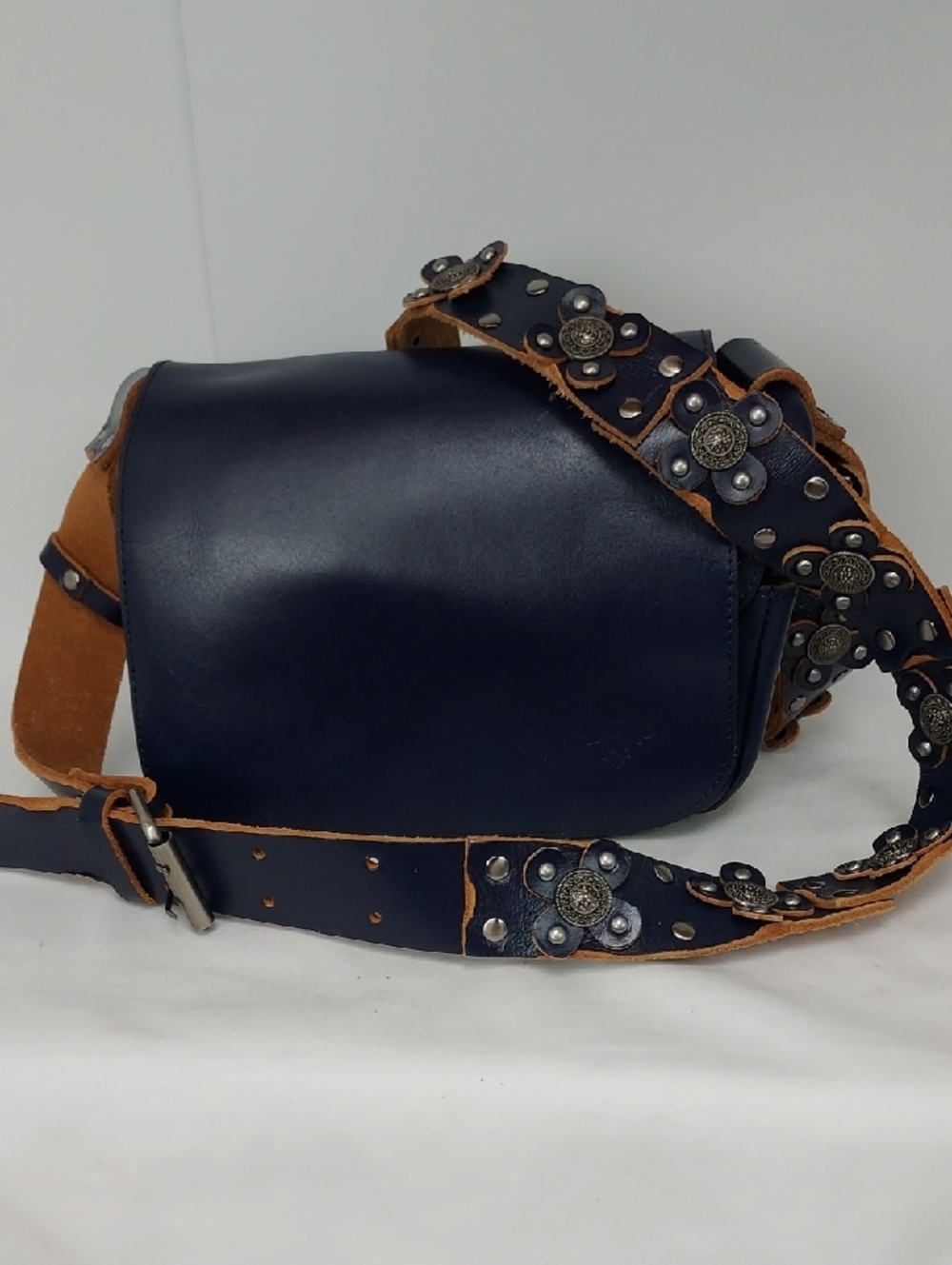 Patricia Nash Armerina Navy Leather Crossbody with Embellished Flower Strap